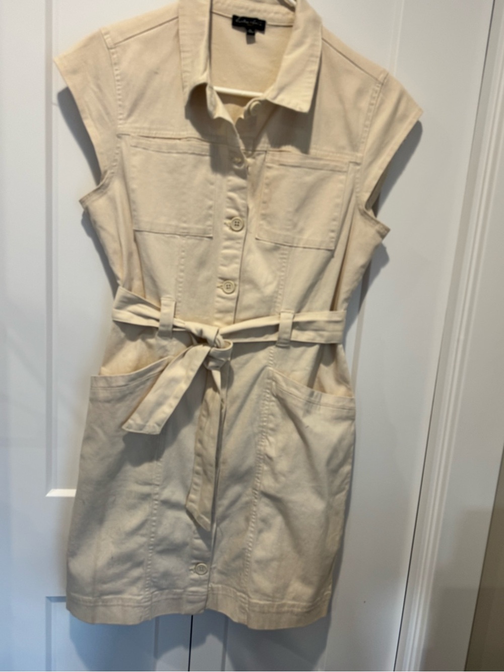 Sleeveless Cream Shirt Dress with Self-Tie Waist